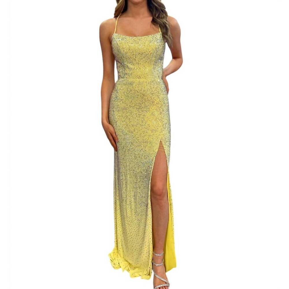 NEW VIENNA PROM rhinestone long dress with high slit in yellow